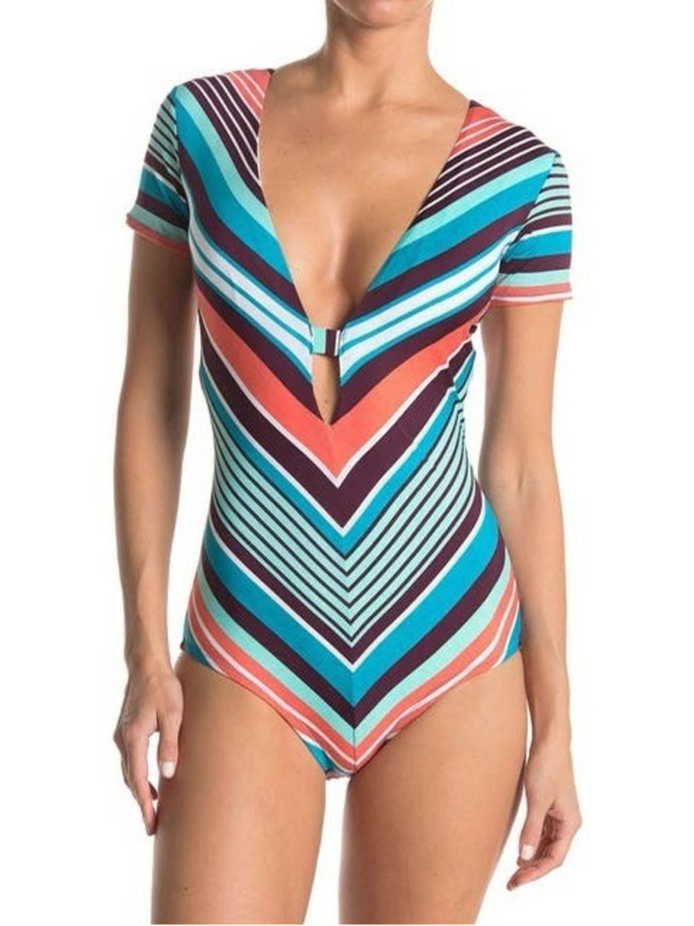 Vibrant Chevron One-Piece Swimsuit - Teal, Orange, Black
